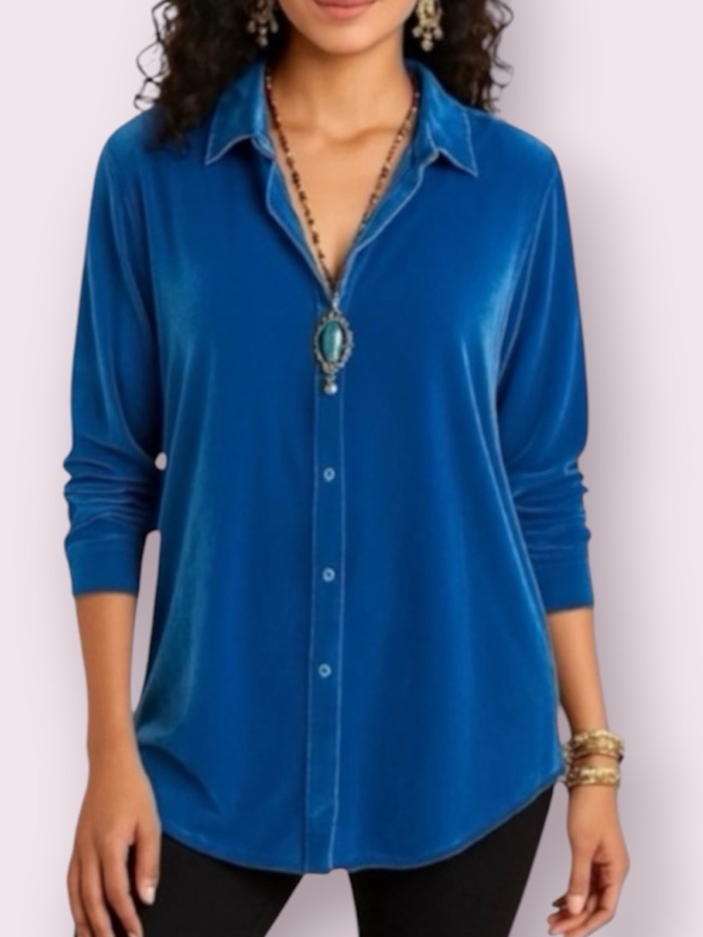 Soft Surroundings Royal Blue Velvet Button Up Top Boyfriend Fit Petite Medium